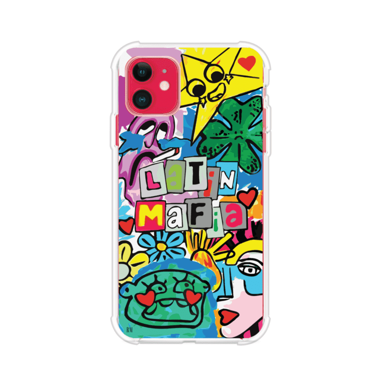 Funda para iPhone con diseño colorido de Latin Mafia, estilo arte pop. Incluye ilustraciones vibrantes, corazones, sol sonriente y tipografía tipo collage. Ideal para fans del grupo y la música urbana. Producto de Remark Mx