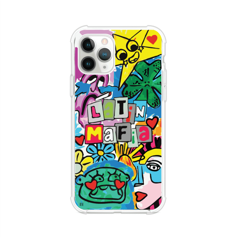 Funda para iPhone con diseño colorido de Latin Mafia, estilo arte pop. Incluye ilustraciones vibrantes, corazones, sol sonriente y tipografía tipo collage. Ideal para fans del grupo y la música urbana. Producto de Remark Mx