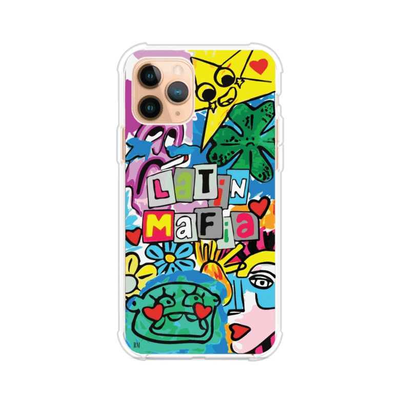 Funda para iPhone con diseño colorido de Latin Mafia, estilo arte pop. Incluye ilustraciones vibrantes, corazones, sol sonriente y tipografía tipo collage. Ideal para fans del grupo y la música urbana. Producto de Remark Mx