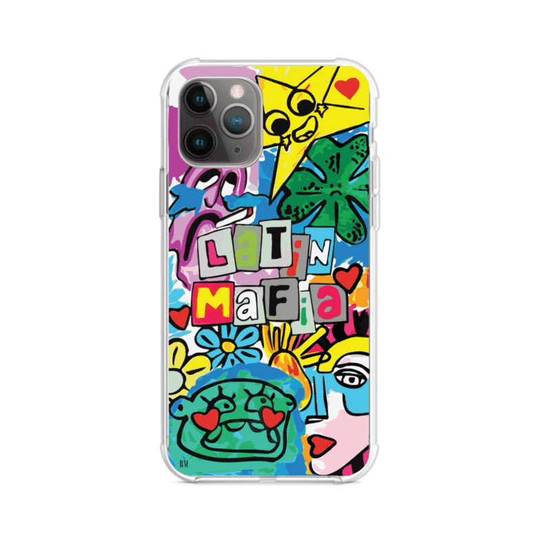 Funda para iPhone con diseño colorido de Latin Mafia, estilo arte pop. Incluye ilustraciones vibrantes, corazones, sol sonriente y tipografía tipo collage. Ideal para fans del grupo y la música urbana. Producto de Remark Mx