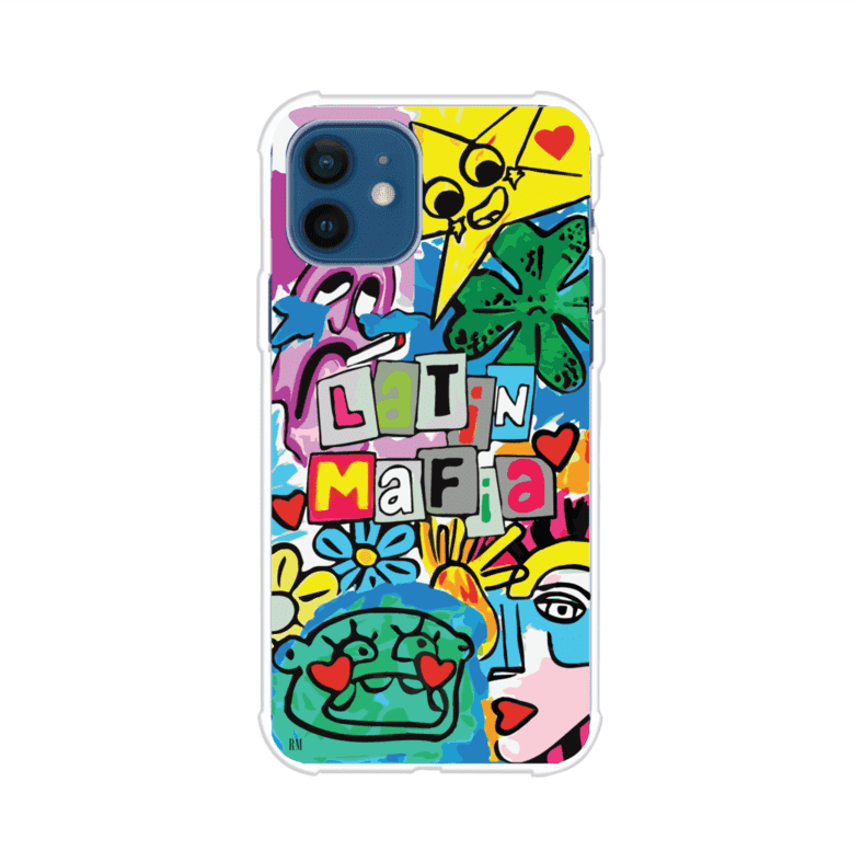 Funda para iPhone con diseño colorido de Latin Mafia, estilo arte pop. Incluye ilustraciones vibrantes, corazones, sol sonriente y tipografía tipo collage. Ideal para fans del grupo y la música urbana. Producto de Remark Mx