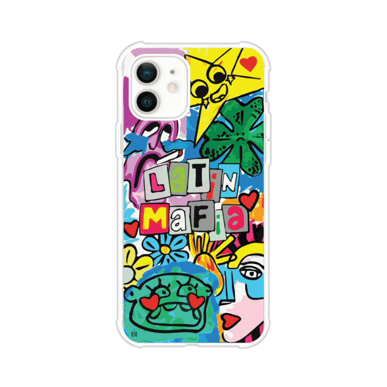 Funda para iPhone con diseño colorido de Latin Mafia, estilo arte pop. Incluye ilustraciones vibrantes, corazones, sol sonriente y tipografía tipo collage. Ideal para fans del grupo y la música urbana. Producto de Remark Mx