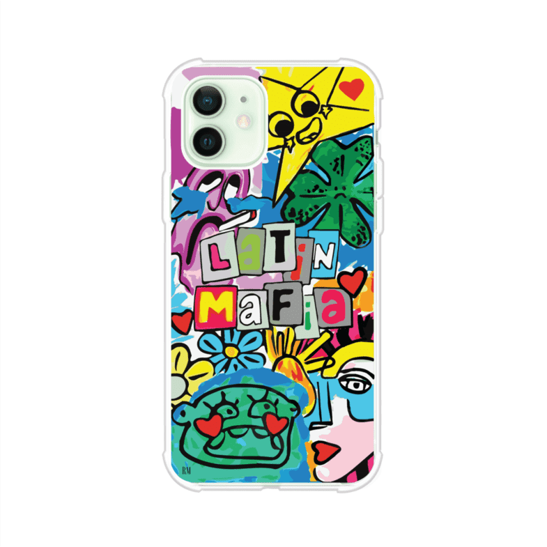 Funda para iPhone con diseño colorido de Latin Mafia, estilo arte pop. Incluye ilustraciones vibrantes, corazones, sol sonriente y tipografía tipo collage. Ideal para fans del grupo y la música urbana. Producto de Remark Mx