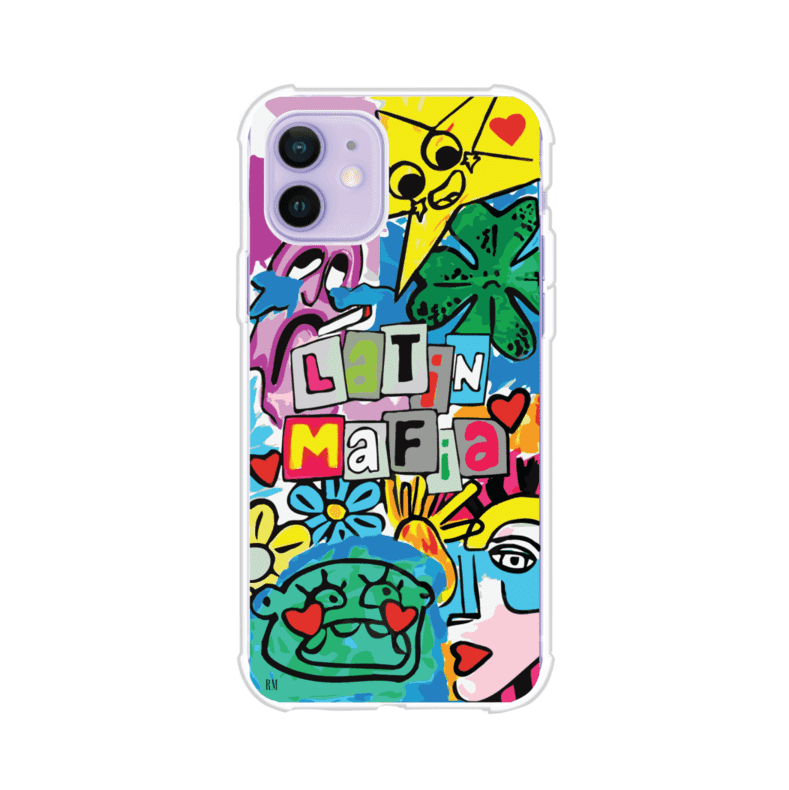 Funda para iPhone con diseño colorido de Latin Mafia, estilo arte pop. Incluye ilustraciones vibrantes, corazones, sol sonriente y tipografía tipo collage. Ideal para fans del grupo y la música urbana. Producto de Remark Mx