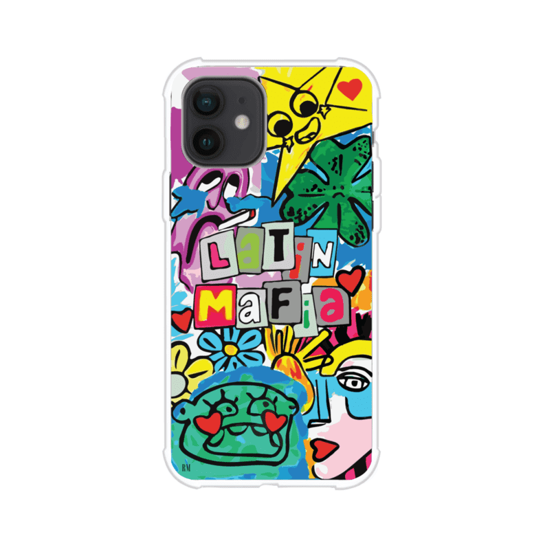 Funda para iPhone con diseño colorido de Latin Mafia, estilo arte pop. Incluye ilustraciones vibrantes, corazones, sol sonriente y tipografía tipo collage. Ideal para fans del grupo y la música urbana. Producto de Remark Mx