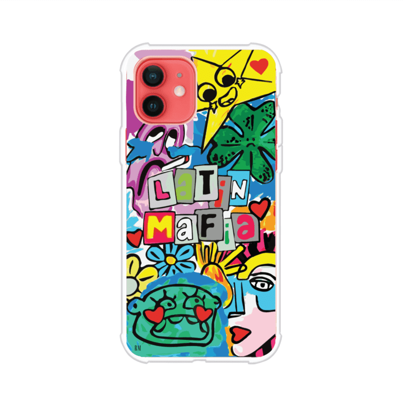 Funda para iPhone con diseño colorido de Latin Mafia, estilo arte pop. Incluye ilustraciones vibrantes, corazones, sol sonriente y tipografía tipo collage. Ideal para fans del grupo y la música urbana. Producto de Remark Mx