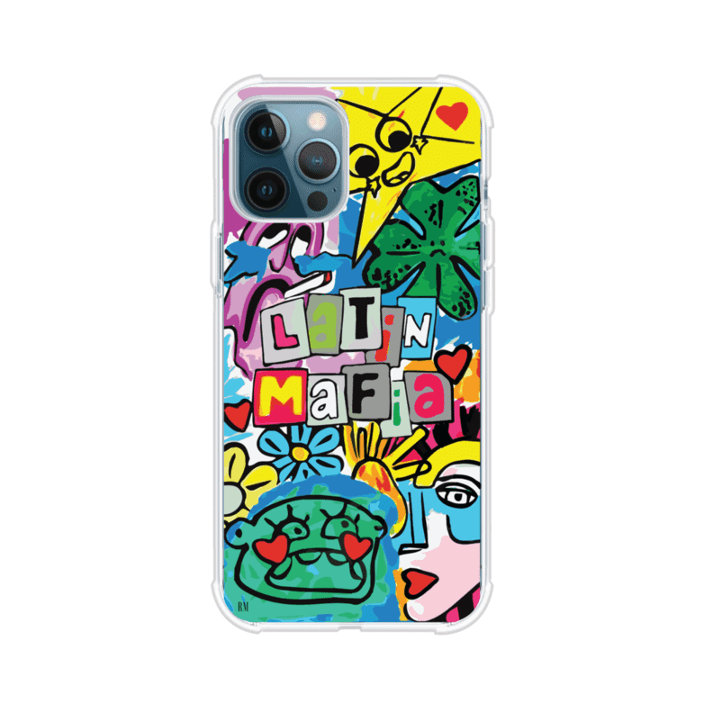 Funda para iPhone con diseño colorido de Latin Mafia, estilo arte pop. Incluye ilustraciones vibrantes, corazones, sol sonriente y tipografía tipo collage. Ideal para fans del grupo y la música urbana. Producto de Remark Mx