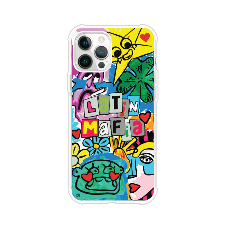 Funda para iPhone con diseño colorido de Latin Mafia, estilo arte pop. Incluye ilustraciones vibrantes, corazones, sol sonriente y tipografía tipo collage. Ideal para fans del grupo y la música urbana. Producto de Remark Mx