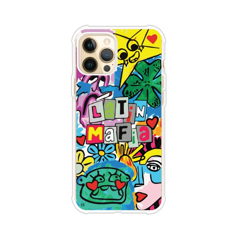 Funda para iPhone con diseño colorido de Latin Mafia, estilo arte pop. Incluye ilustraciones vibrantes, corazones, sol sonriente y tipografía tipo collage. Ideal para fans del grupo y la música urbana. Producto de Remark Mx