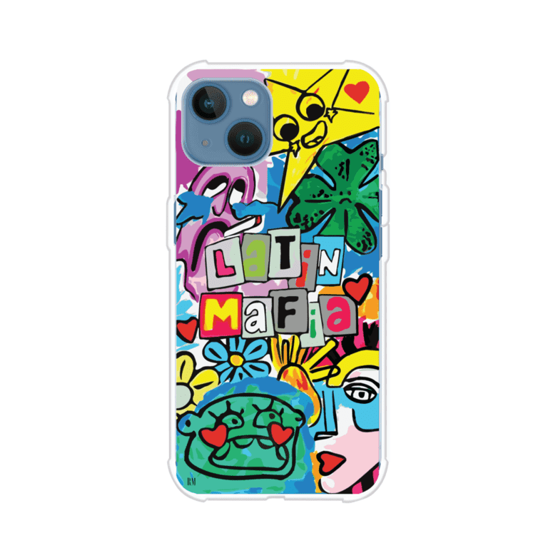 Funda para iPhone con diseño colorido de Latin Mafia, estilo arte pop. Incluye ilustraciones vibrantes, corazones, sol sonriente y tipografía tipo collage. Ideal para fans del grupo y la música urbana. Producto de Remark Mx