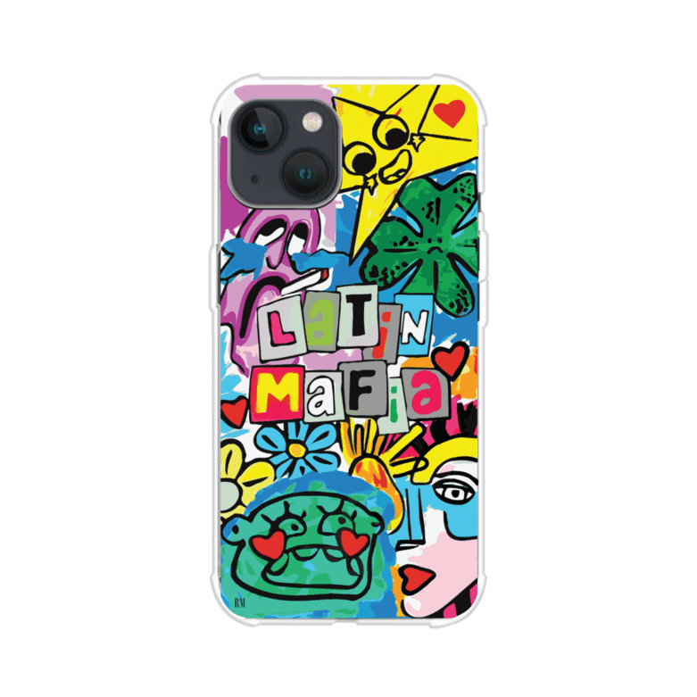 Funda para iPhone con diseño colorido de Latin Mafia, estilo arte pop. Incluye ilustraciones vibrantes, corazones, sol sonriente y tipografía tipo collage. Ideal para fans del grupo y la música urbana. Producto de Remark Mx