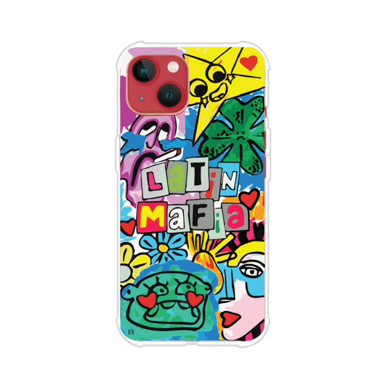 Funda para iPhone con diseño colorido de Latin Mafia, estilo arte pop. Incluye ilustraciones vibrantes, corazones, sol sonriente y tipografía tipo collage. Ideal para fans del grupo y la música urbana. Producto de Remark Mx