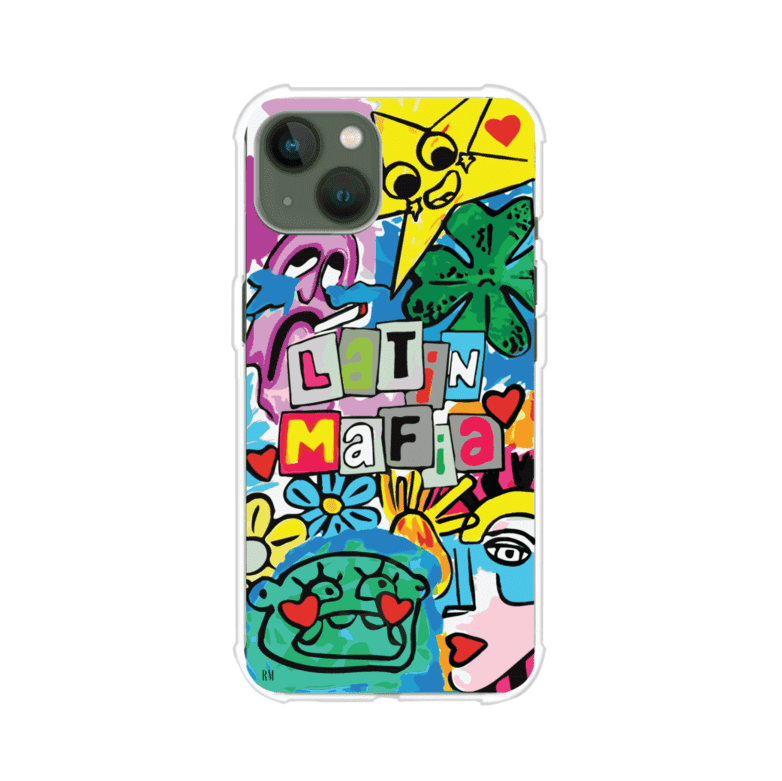 Funda para iPhone con diseño colorido de Latin Mafia, estilo arte pop. Incluye ilustraciones vibrantes, corazones, sol sonriente y tipografía tipo collage. Ideal para fans del grupo y la música urbana. Producto de Remark Mx
