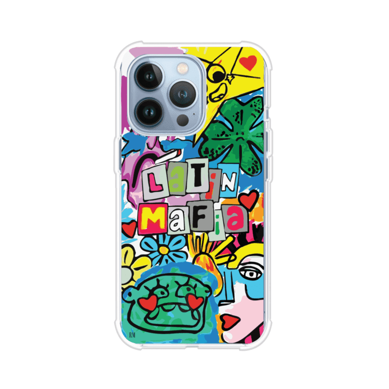 Funda para iPhone con diseño colorido de Latin Mafia, estilo arte pop. Incluye ilustraciones vibrantes, corazones, sol sonriente y tipografía tipo collage. Ideal para fans del grupo y la música urbana. Producto de Remark Mx