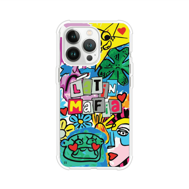 Funda para iPhone con diseño colorido de Latin Mafia, estilo arte pop. Incluye ilustraciones vibrantes, corazones, sol sonriente y tipografía tipo collage. Ideal para fans del grupo y la música urbana. Producto de Remark Mx