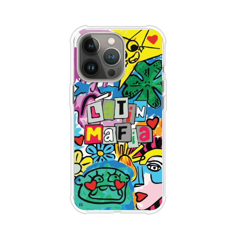Funda para iPhone con diseño colorido de Latin Mafia, estilo arte pop. Incluye ilustraciones vibrantes, corazones, sol sonriente y tipografía tipo collage. Ideal para fans del grupo y la música urbana. Producto de Remark Mx