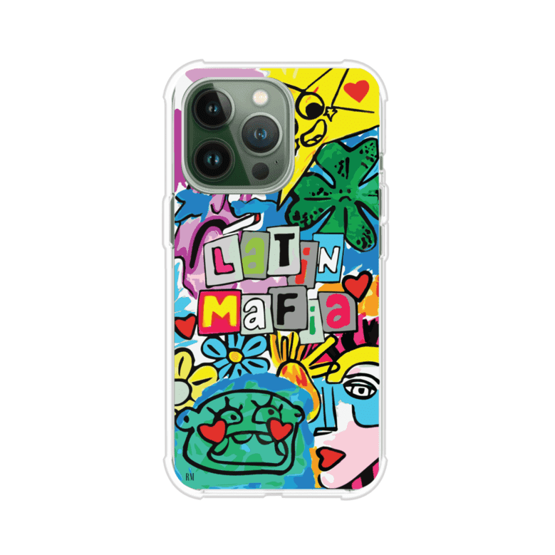 Funda para iPhone con diseño colorido de Latin Mafia, estilo arte pop. Incluye ilustraciones vibrantes, corazones, sol sonriente y tipografía tipo collage. Ideal para fans del grupo y la música urbana. Producto de Remark Mx
