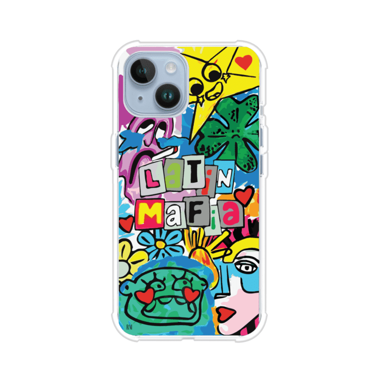 Funda para iPhone con diseño colorido de Latin Mafia, estilo arte pop. Incluye ilustraciones vibrantes, corazones, sol sonriente y tipografía tipo collage. Ideal para fans del grupo y la música urbana. Producto de Remark Mx