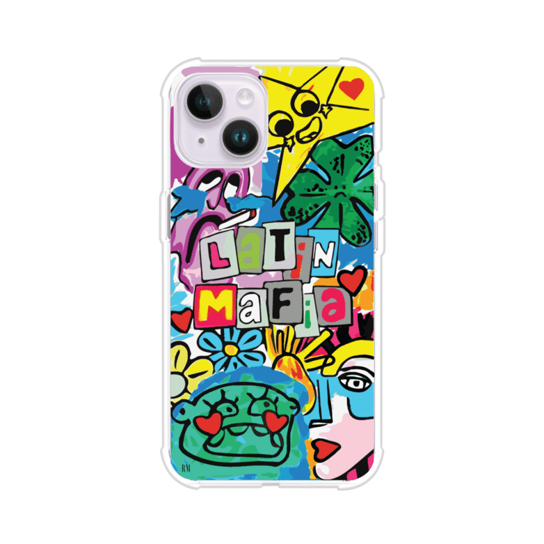 Funda para iPhone con diseño colorido de Latin Mafia, estilo arte pop. Incluye ilustraciones vibrantes, corazones, sol sonriente y tipografía tipo collage. Ideal para fans del grupo y la música urbana. Producto de Remark Mx