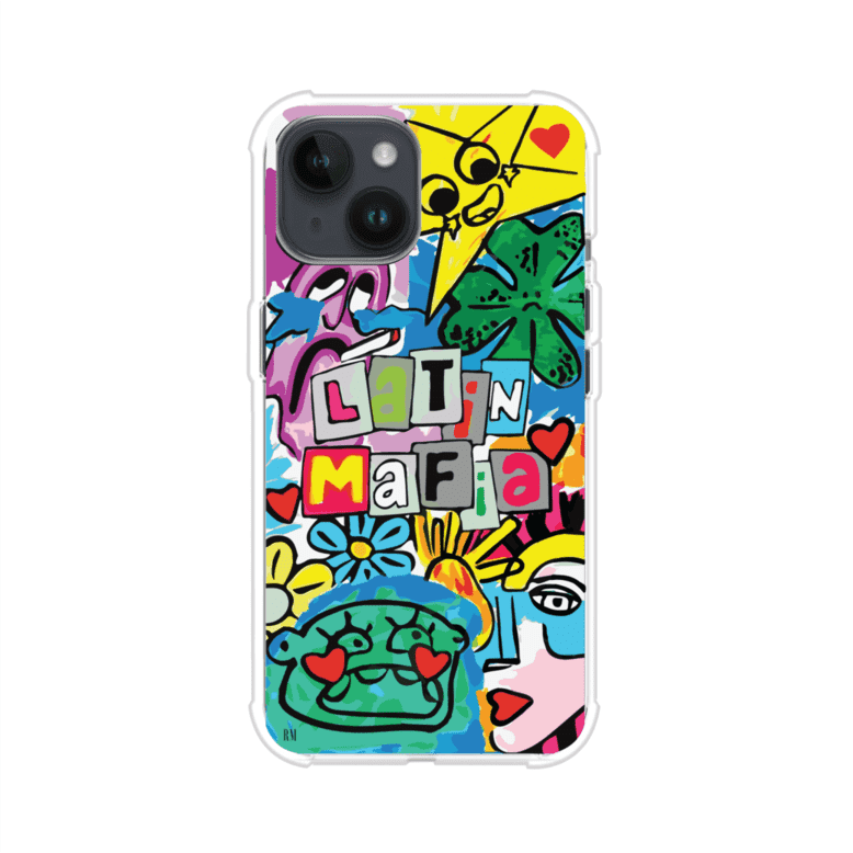 Funda para iPhone con diseño colorido de Latin Mafia, estilo arte pop. Incluye ilustraciones vibrantes, corazones, sol sonriente y tipografía tipo collage. Ideal para fans del grupo y la música urbana. Producto de Remark Mx