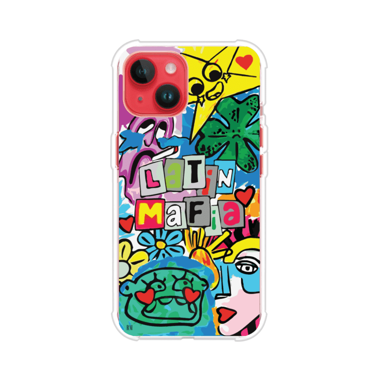 Funda para iPhone con diseño colorido de Latin Mafia, estilo arte pop. Incluye ilustraciones vibrantes, corazones, sol sonriente y tipografía tipo collage. Ideal para fans del grupo y la música urbana. Producto de Remark Mx