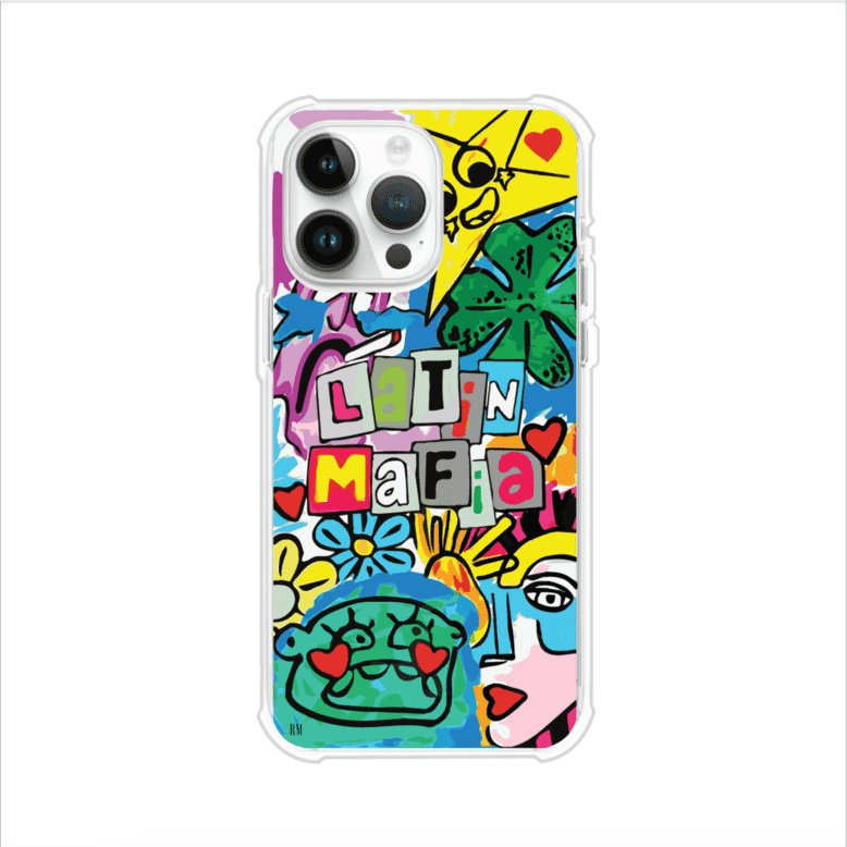 Funda para iPhone con diseño colorido de Latin Mafia, estilo arte pop. Incluye ilustraciones vibrantes, corazones, sol sonriente y tipografía tipo collage. Ideal para fans del grupo y la música urbana. Producto de Remark Mx