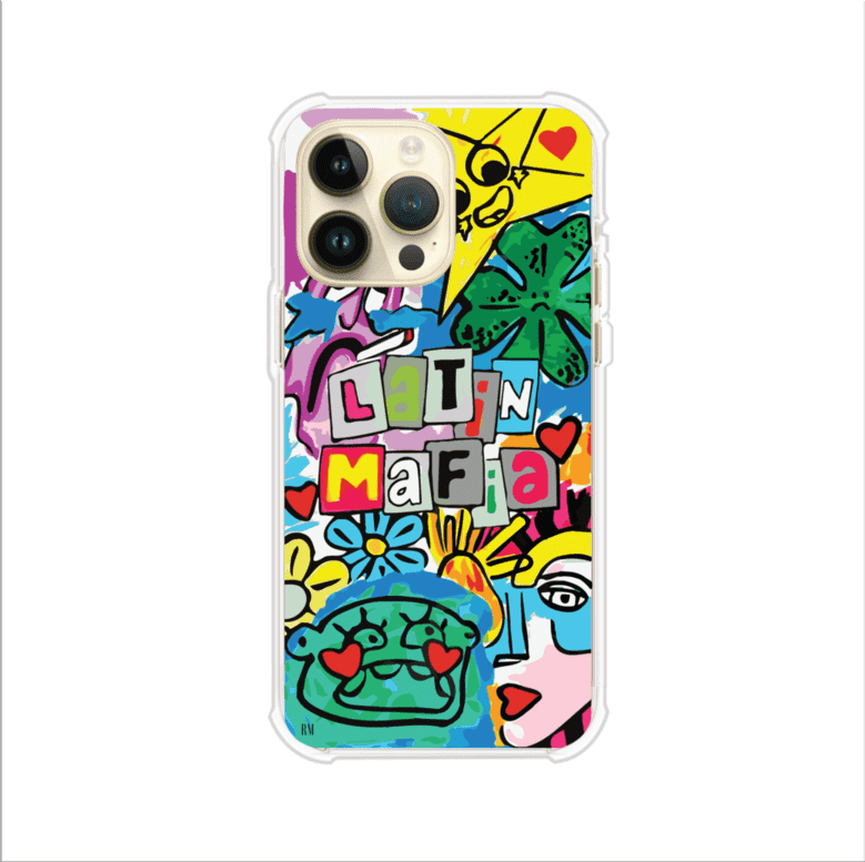 Funda para iPhone con diseño colorido de Latin Mafia, estilo arte pop. Incluye ilustraciones vibrantes, corazones, sol sonriente y tipografía tipo collage. Ideal para fans del grupo y la música urbana. Producto de Remark Mx
