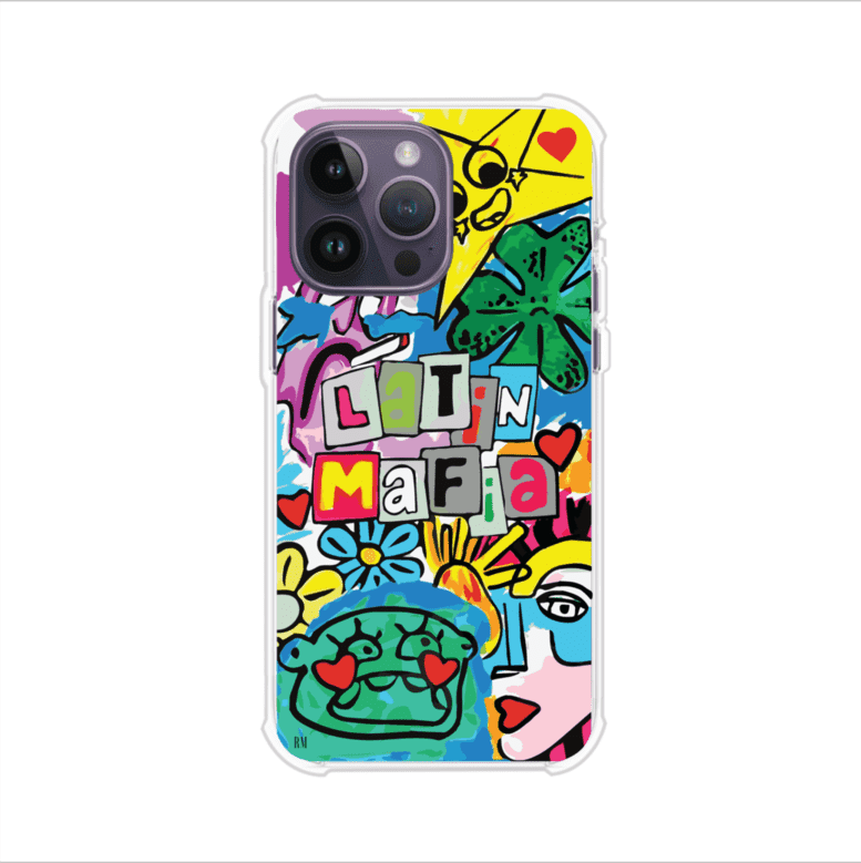 Funda para iPhone con diseño colorido de Latin Mafia, estilo arte pop. Incluye ilustraciones vibrantes, corazones, sol sonriente y tipografía tipo collage. Ideal para fans del grupo y la música urbana. Producto de Remark Mx