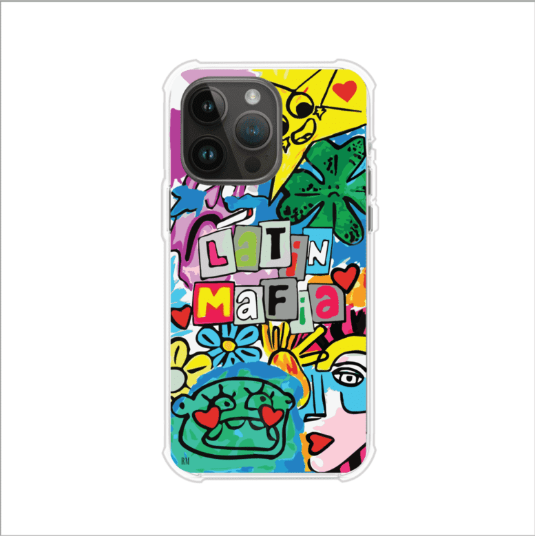 Funda para iPhone con diseño colorido de Latin Mafia, estilo arte pop. Incluye ilustraciones vibrantes, corazones, sol sonriente y tipografía tipo collage. Ideal para fans del grupo y la música urbana. Producto de Remark Mx