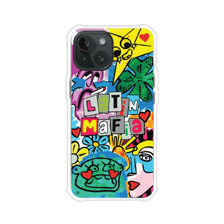Funda para iPhone con diseño colorido de Latin Mafia, estilo arte pop. Incluye ilustraciones vibrantes, corazones, sol sonriente y tipografía tipo collage. Ideal para fans del grupo y la música urbana. Producto de Remark Mx