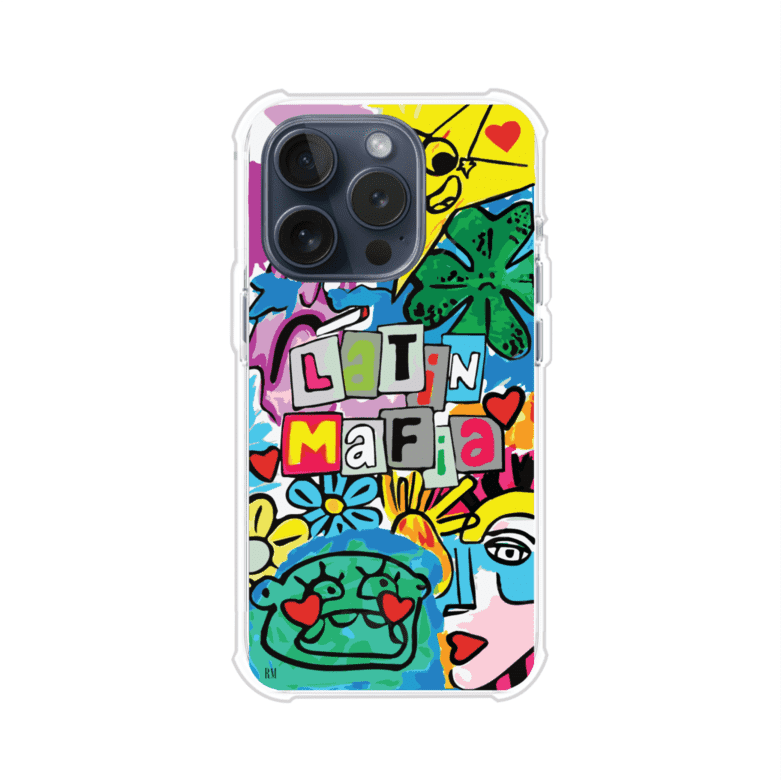 Funda para iPhone con diseño colorido de Latin Mafia, estilo arte pop. Incluye ilustraciones vibrantes, corazones, sol sonriente y tipografía tipo collage. Ideal para fans del grupo y la música urbana. Producto de Remark Mx