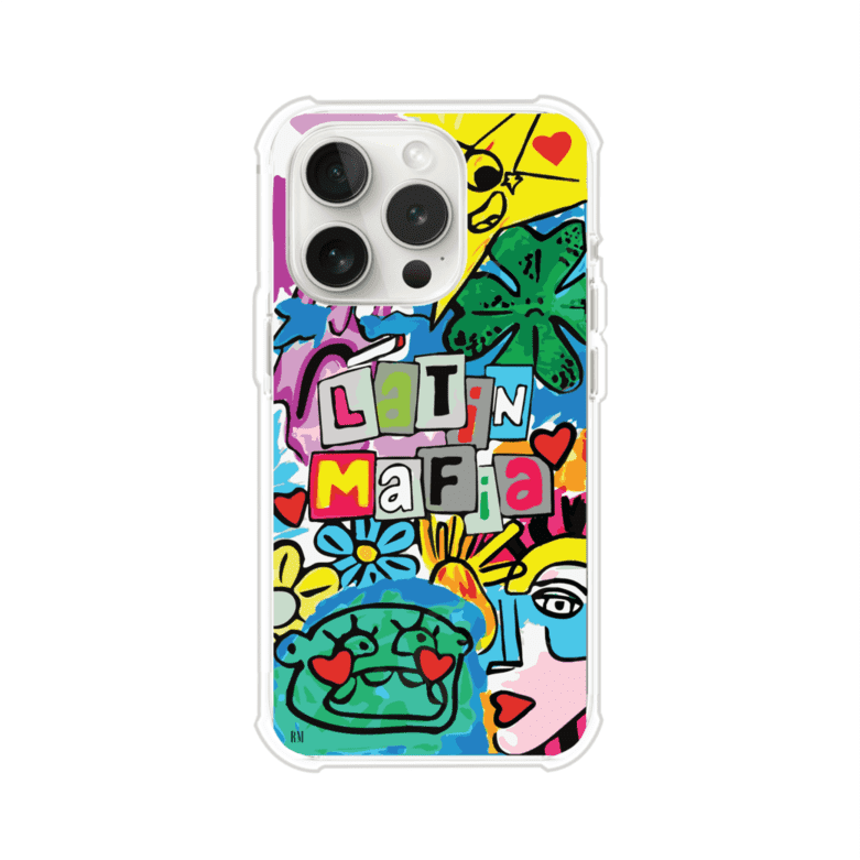 Funda para iPhone con diseño colorido de Latin Mafia, estilo arte pop. Incluye ilustraciones vibrantes, corazones, sol sonriente y tipografía tipo collage. Ideal para fans del grupo y la música urbana. Producto de Remark Mx