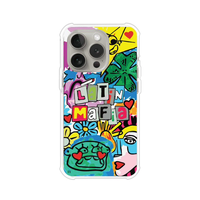 Funda para iPhone con diseño colorido de Latin Mafia, estilo arte pop. Incluye ilustraciones vibrantes, corazones, sol sonriente y tipografía tipo collage. Ideal para fans del grupo y la música urbana. Producto de Remark Mx