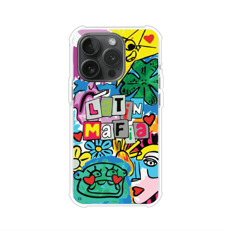 Funda para iPhone con diseño colorido de Latin Mafia, estilo arte pop. Incluye ilustraciones vibrantes, corazones, sol sonriente y tipografía tipo collage. Ideal para fans del grupo y la música urbana. Producto de Remark Mx