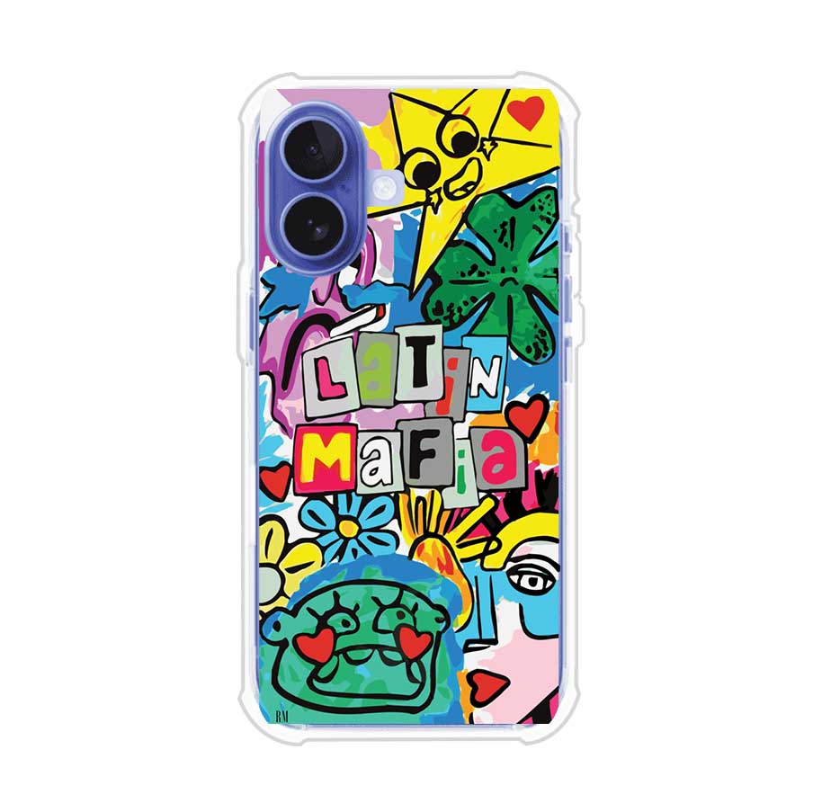 Funda para iPhone con diseño colorido de Latin Mafia, estilo arte pop. Incluye ilustraciones vibrantes, corazones, sol sonriente y tipografía tipo collage. Ideal para fans del grupo y la música urbana. Producto de Remark Mx