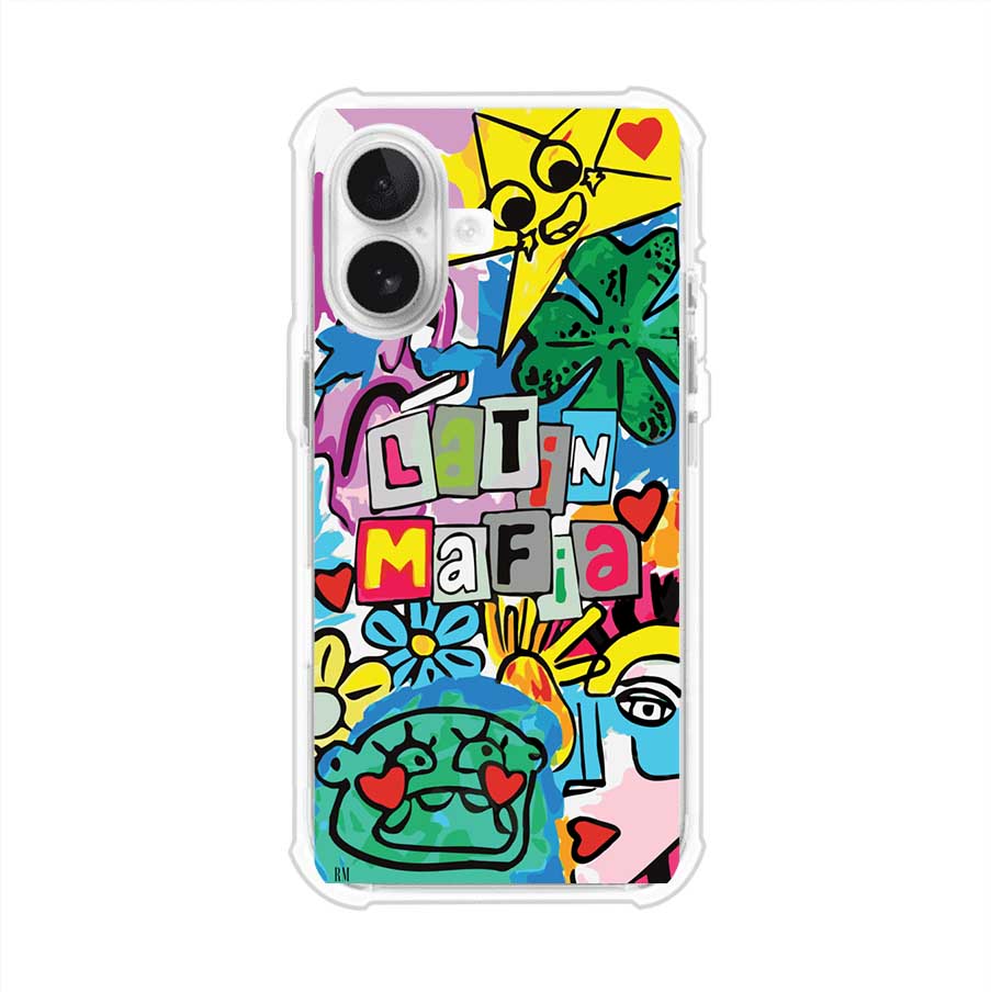 Funda para iPhone con diseño colorido de Latin Mafia, estilo arte pop. Incluye ilustraciones vibrantes, corazones, sol sonriente y tipografía tipo collage. Ideal para fans del grupo y la música urbana. Producto de Remark Mx