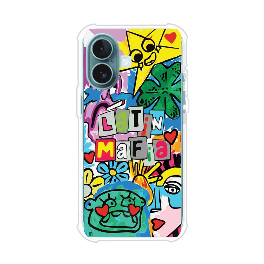 Funda para iPhone con diseño colorido de Latin Mafia, estilo arte pop. Incluye ilustraciones vibrantes, corazones, sol sonriente y tipografía tipo collage. Ideal para fans del grupo y la música urbana. Producto de Remark Mx