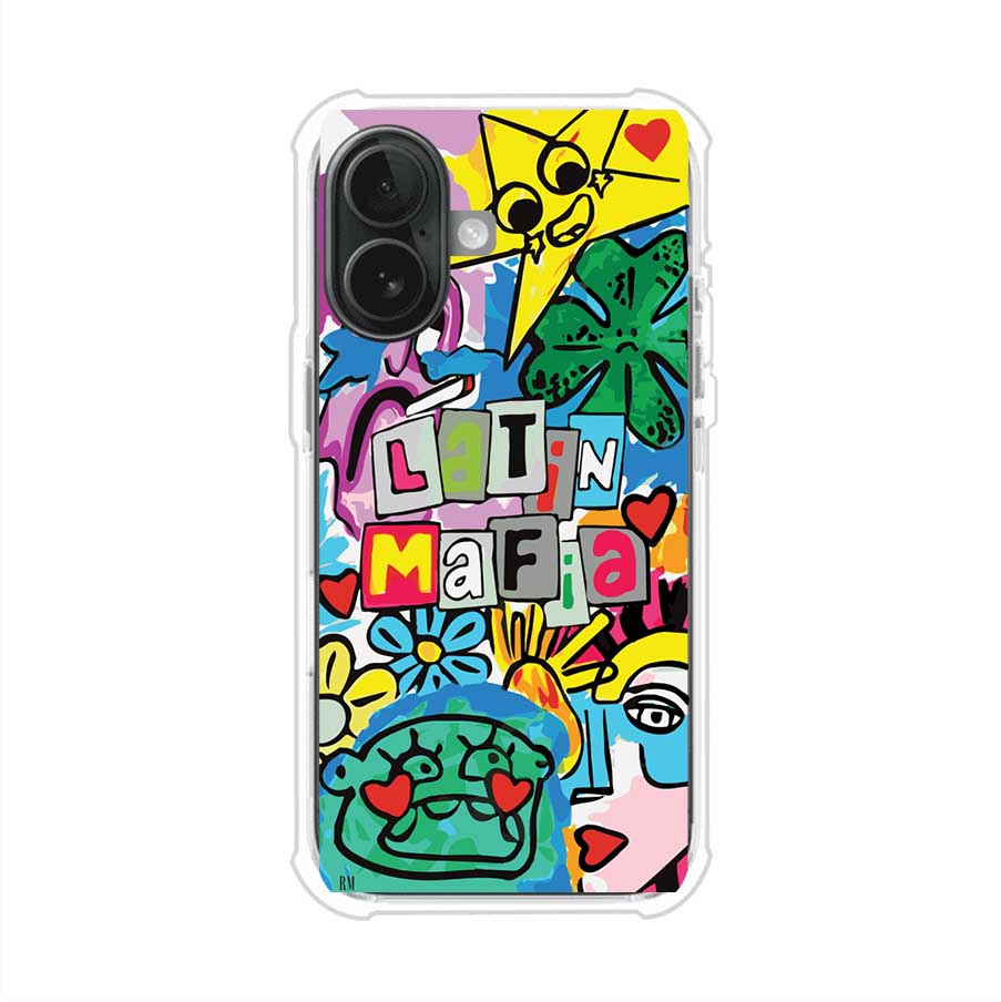 Funda para iPhone con diseño colorido de Latin Mafia, estilo arte pop. Incluye ilustraciones vibrantes, corazones, sol sonriente y tipografía tipo collage. Ideal para fans del grupo y la música urbana. Producto de Remark Mx