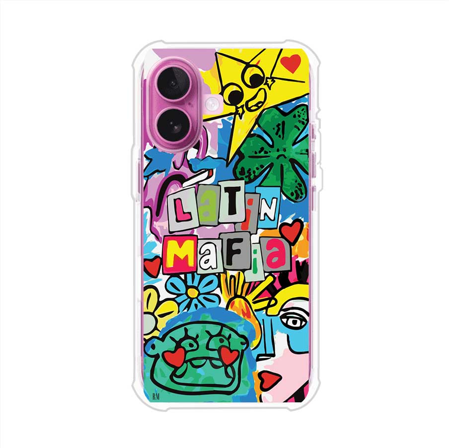 Funda para iPhone con diseño colorido de Latin Mafia, estilo arte pop. Incluye ilustraciones vibrantes, corazones, sol sonriente y tipografía tipo collage. Ideal para fans del grupo y la música urbana. Producto de Remark Mx