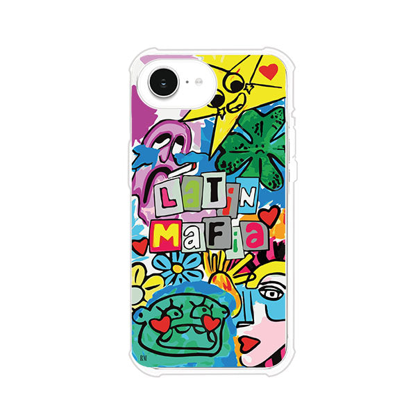 Funda para iPhone con diseño colorido de Latin Mafia, estilo arte pop. Incluye ilustraciones vibrantes, corazones, sol sonriente y tipografía tipo collage. Ideal para fans del grupo y la música urbana. Producto de Remark Mx
