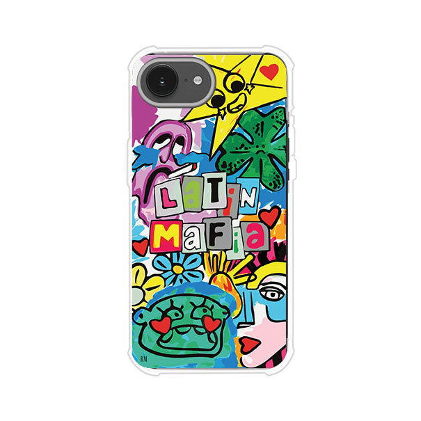 Funda para iPhone con diseño colorido de Latin Mafia, estilo arte pop. Incluye ilustraciones vibrantes, corazones, sol sonriente y tipografía tipo collage. Ideal para fans del grupo y la música urbana. Producto de Remark Mx