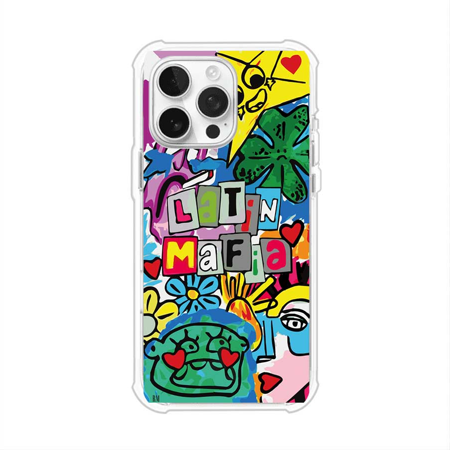 Funda para iPhone con diseño colorido de Latin Mafia, estilo arte pop. Incluye ilustraciones vibrantes, corazones, sol sonriente y tipografía tipo collage. Ideal para fans del grupo y la música urbana. Producto de Remark Mx