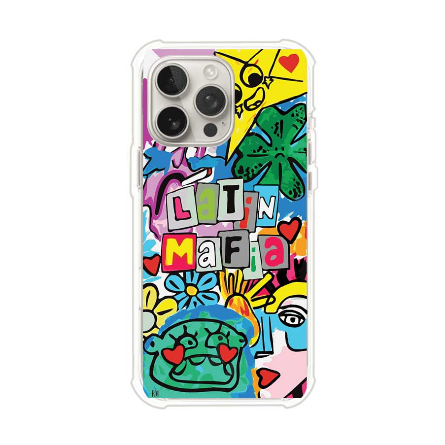 Funda para iPhone con diseño colorido de Latin Mafia, estilo arte pop. Incluye ilustraciones vibrantes, corazones, sol sonriente y tipografía tipo collage. Ideal para fans del grupo y la música urbana. Producto de Remark Mx