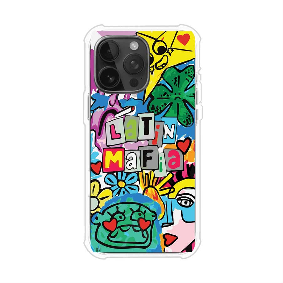 Funda para iPhone con diseño colorido de Latin Mafia, estilo arte pop. Incluye ilustraciones vibrantes, corazones, sol sonriente y tipografía tipo collage. Ideal para fans del grupo y la música urbana. Producto de Remark Mx