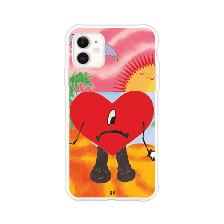 Funda para iPhone inspirada en el álbum "Un Verano Sin Ti" de Bad Bunny. Diseño con fondo de playa, palmeras, atardecer, delfines y el icónico corazón triste con piernas. Estilo colorido, urbano y veraniego. Producto de Remark Mx