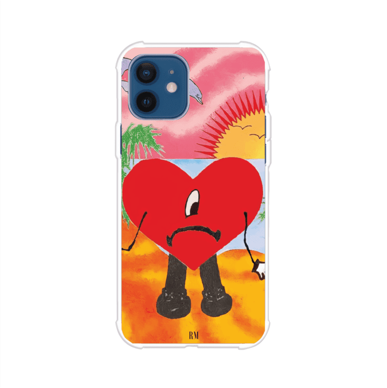 Funda para iPhone inspirada en el álbum "Un Verano Sin Ti" de Bad Bunny. Diseño con fondo de playa, palmeras, atardecer, delfines y el icónico corazón triste con piernas. Estilo colorido, urbano y veraniego. Producto de Remark Mx