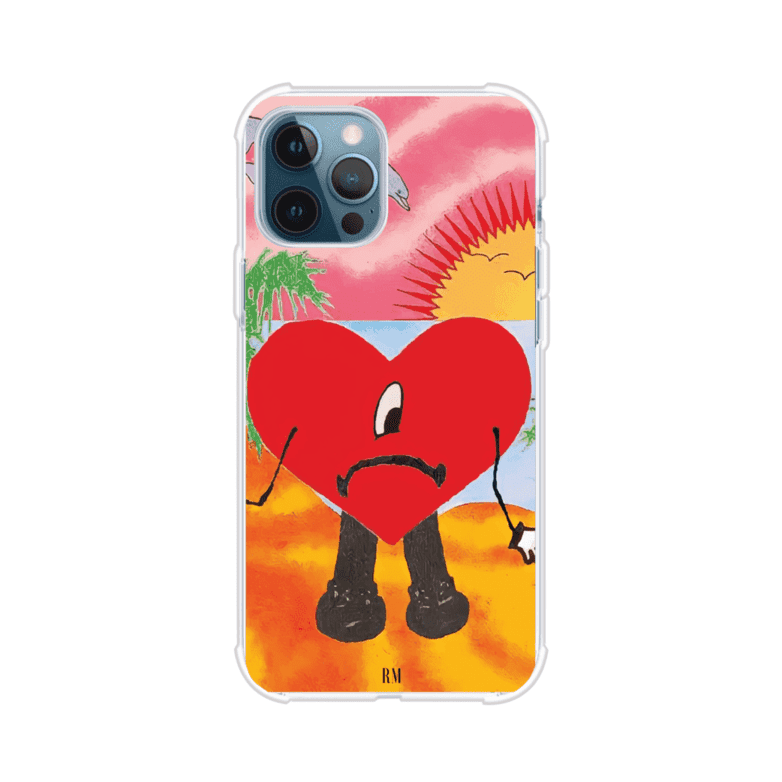 Funda para iPhone inspirada en el álbum "Un Verano Sin Ti" de Bad Bunny. Diseño con fondo de playa, palmeras, atardecer, delfines y el icónico corazón triste con piernas. Estilo colorido, urbano y veraniego. Producto de Remark Mx