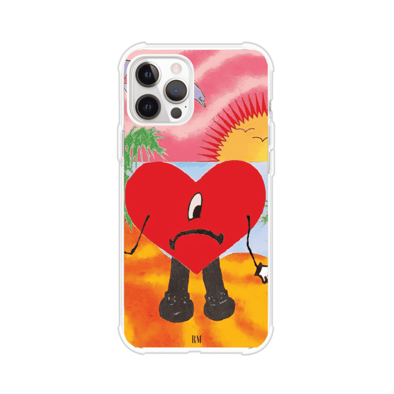 Funda para iPhone inspirada en el álbum "Un Verano Sin Ti" de Bad Bunny. Diseño con fondo de playa, palmeras, atardecer, delfines y el icónico corazón triste con piernas. Estilo colorido, urbano y veraniego. Producto de Remark Mx