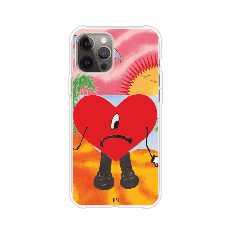 Funda para iPhone inspirada en el álbum "Un Verano Sin Ti" de Bad Bunny. Diseño con fondo de playa, palmeras, atardecer, delfines y el icónico corazón triste con piernas. Estilo colorido, urbano y veraniego. Producto de Remark Mx