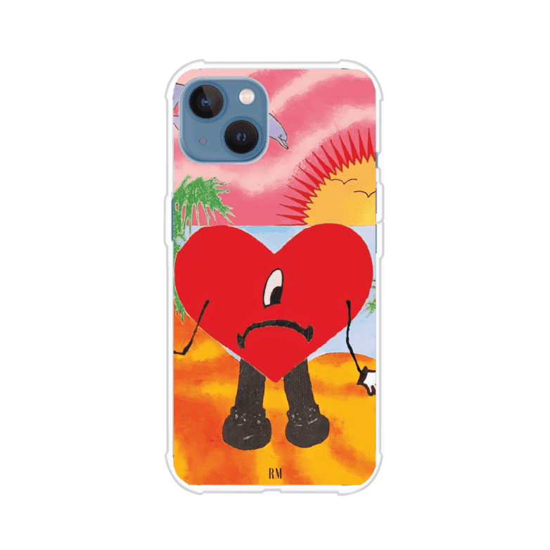 Funda para iPhone inspirada en el álbum "Un Verano Sin Ti" de Bad Bunny. Diseño con fondo de playa, palmeras, atardecer, delfines y el icónico corazón triste con piernas. Estilo colorido, urbano y veraniego. Producto de Remark Mx